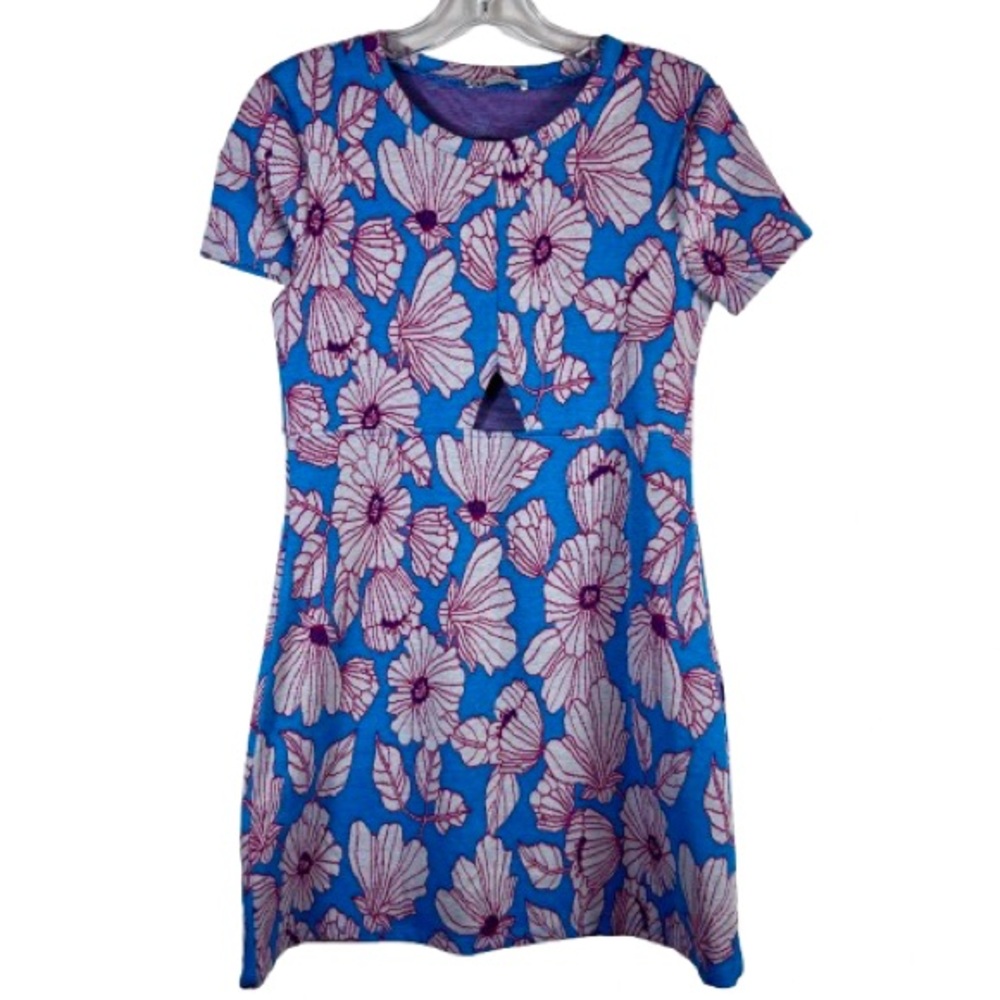 ZARA Floral Cut-Out Mini Blue Dress Short Sleeve Fit & Flare Summer Size Medium